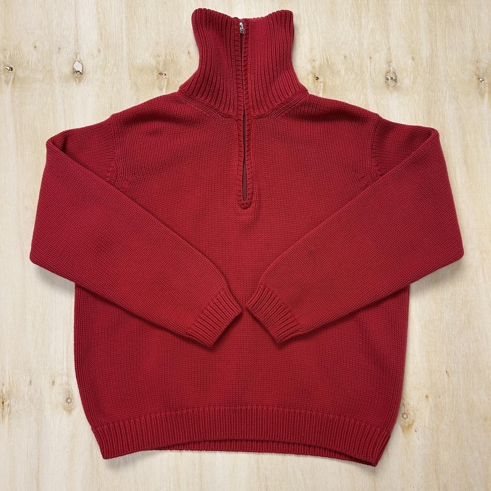 Vintage Talbots Sweater Petite L Red 100% Cotton Mock Neck 1/4 Zip Knit Pullover